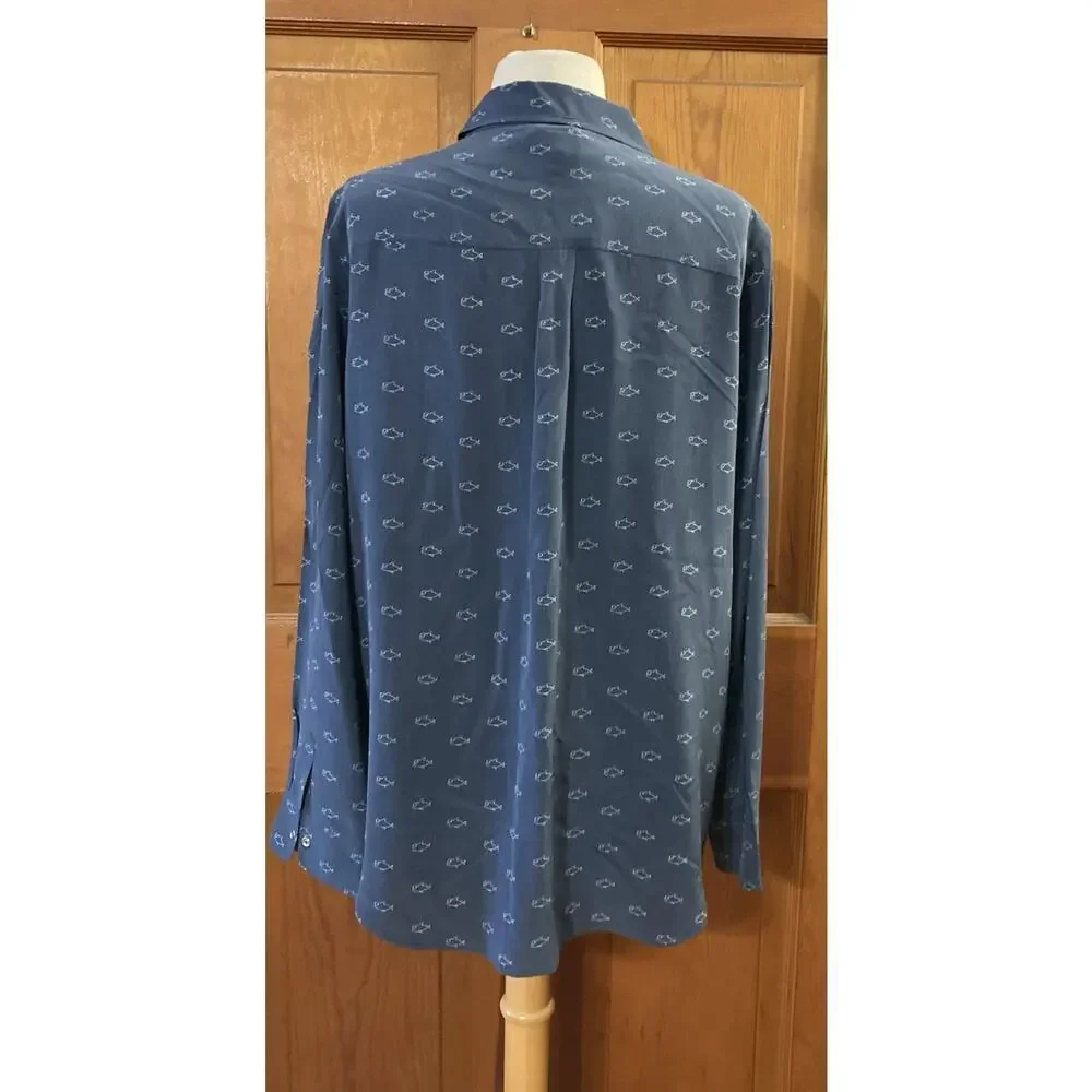 Adriano Goldschmied‎ Alena Silk Shirt Women's Sz L Navy Snap Fish Shark Print - Picture 4 of 11